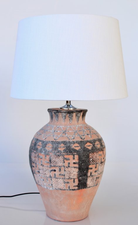 Distressed Brown Tribal Lamp Base With Off White Shade